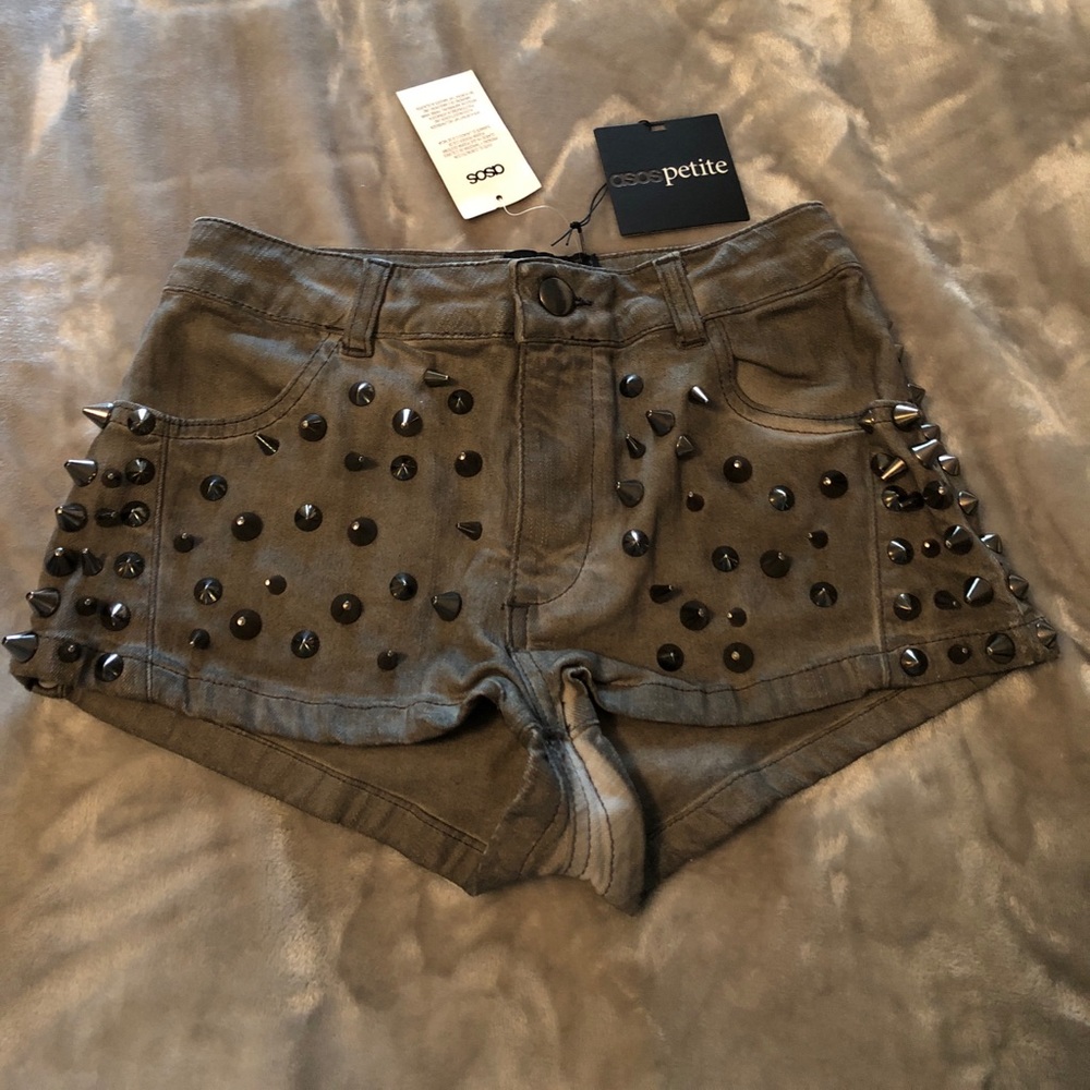 ASOS PETITE studded spike denim hot pant shorts